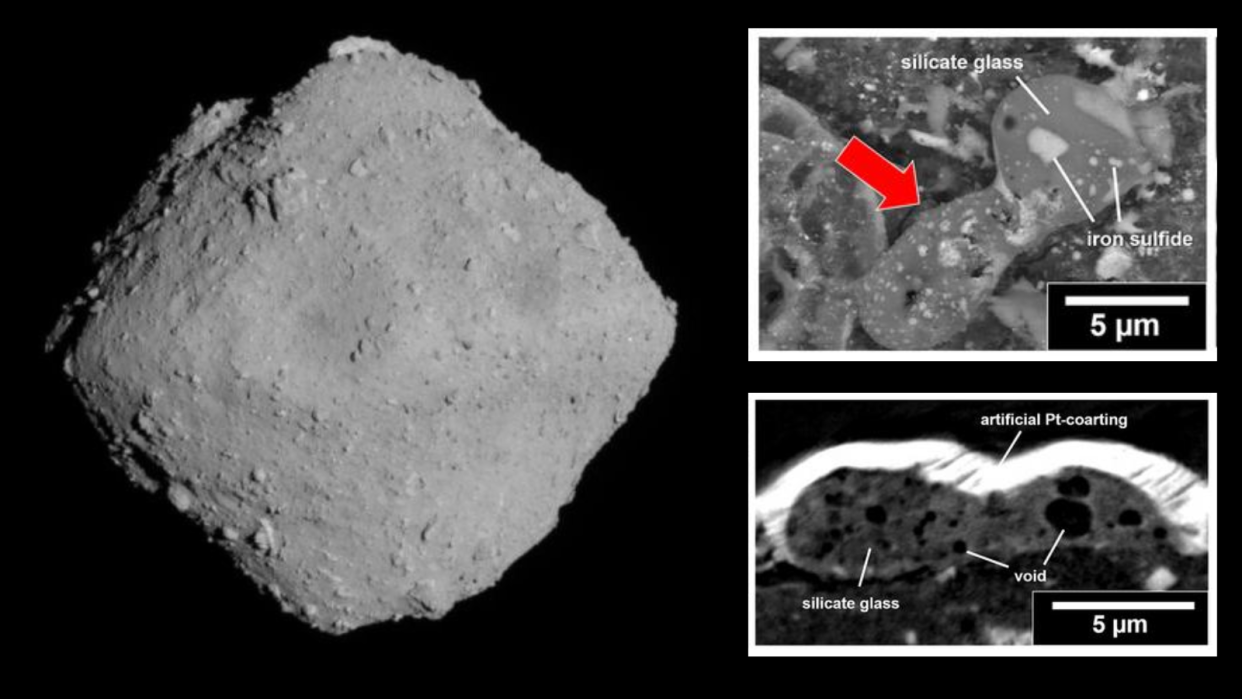  (Main) the asteriod Ryugu. (Inset top) A melt splash from the surface of Ryugu (inset bottom) a CT slice of the melt showing voids. 