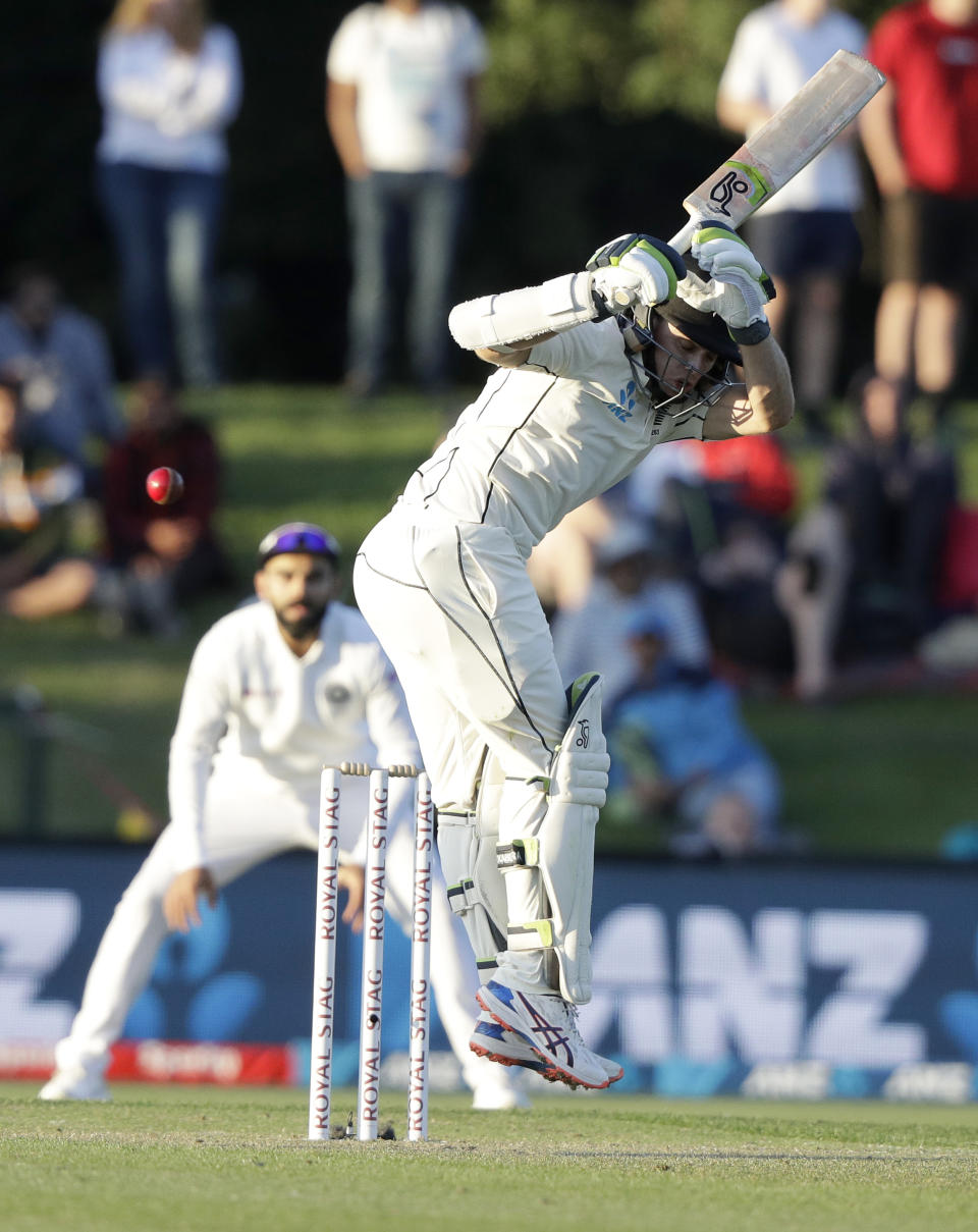 New Zealand's Tom Latham reacts while batting during play on day one of the second cricket test between New Zealand and India at Hagley Oval in Christchurch, New Zealand, Saturday, Feb. 29, 2020. (AP Photo/Mark Baker)