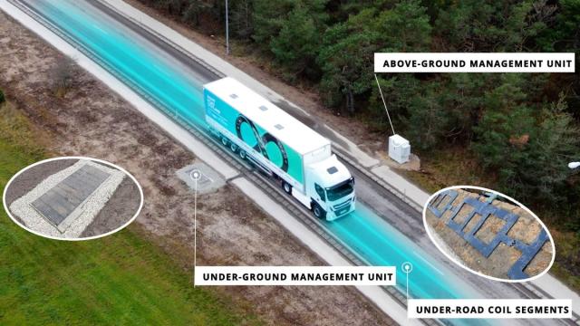 A mockup of a truck using an electric charging road (Courtesy of Electreon)