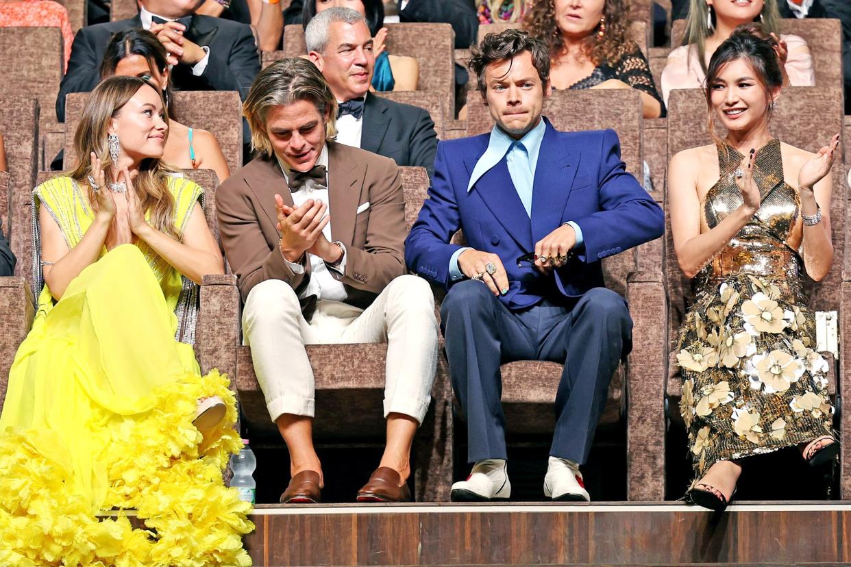 VENICE, ITALY - SEPTEMBER 05: (L-R) Olivia Wilde, Chris Pine, Harry Styles and Gemma Chan attend the Campari Passion For Film 2022 Award during the 79th Venice International Film Festival on August 31, 2022 in Venice, Italy. (Photo by Vittorio Zunino Celotto/Getty Images)