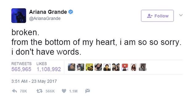 Ariana tweeted this poignant message shortly after the news broke.