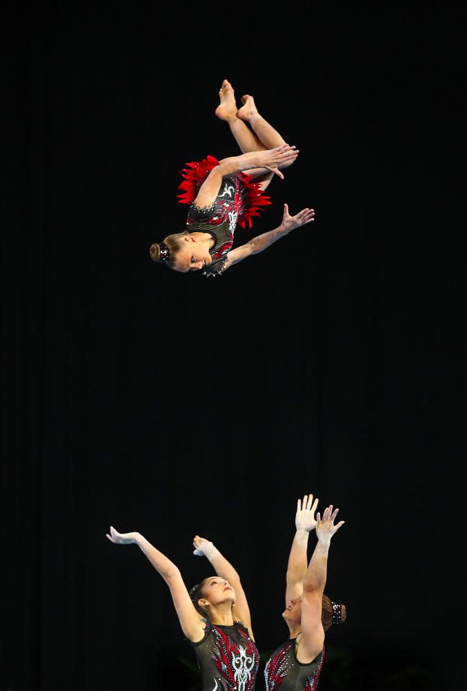 Erin Brooks, Zarie Dawson and Aimee Chalk of New South Wales compete in the ACR Senior Acrobatic Gymnastics during the 2019 Australian Gymnastics Championships at Melbourne Arena on June 02, 2019 in Melbourne, Australia.