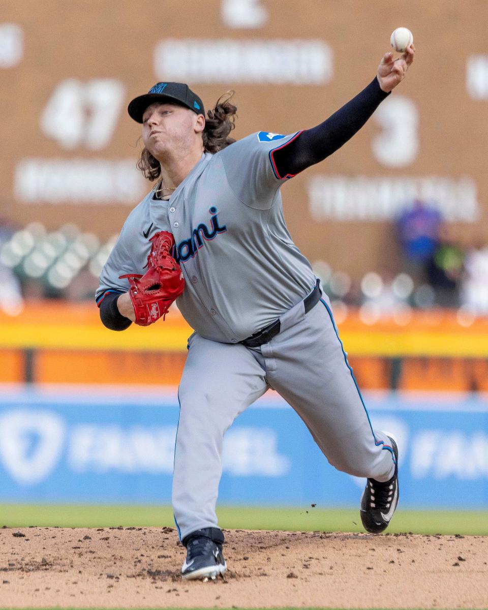 Marlins pitcher Ryan Weathers pitches in the first inning against the Tigers on Tuesday, May 14, 2024, at Comerica Park.