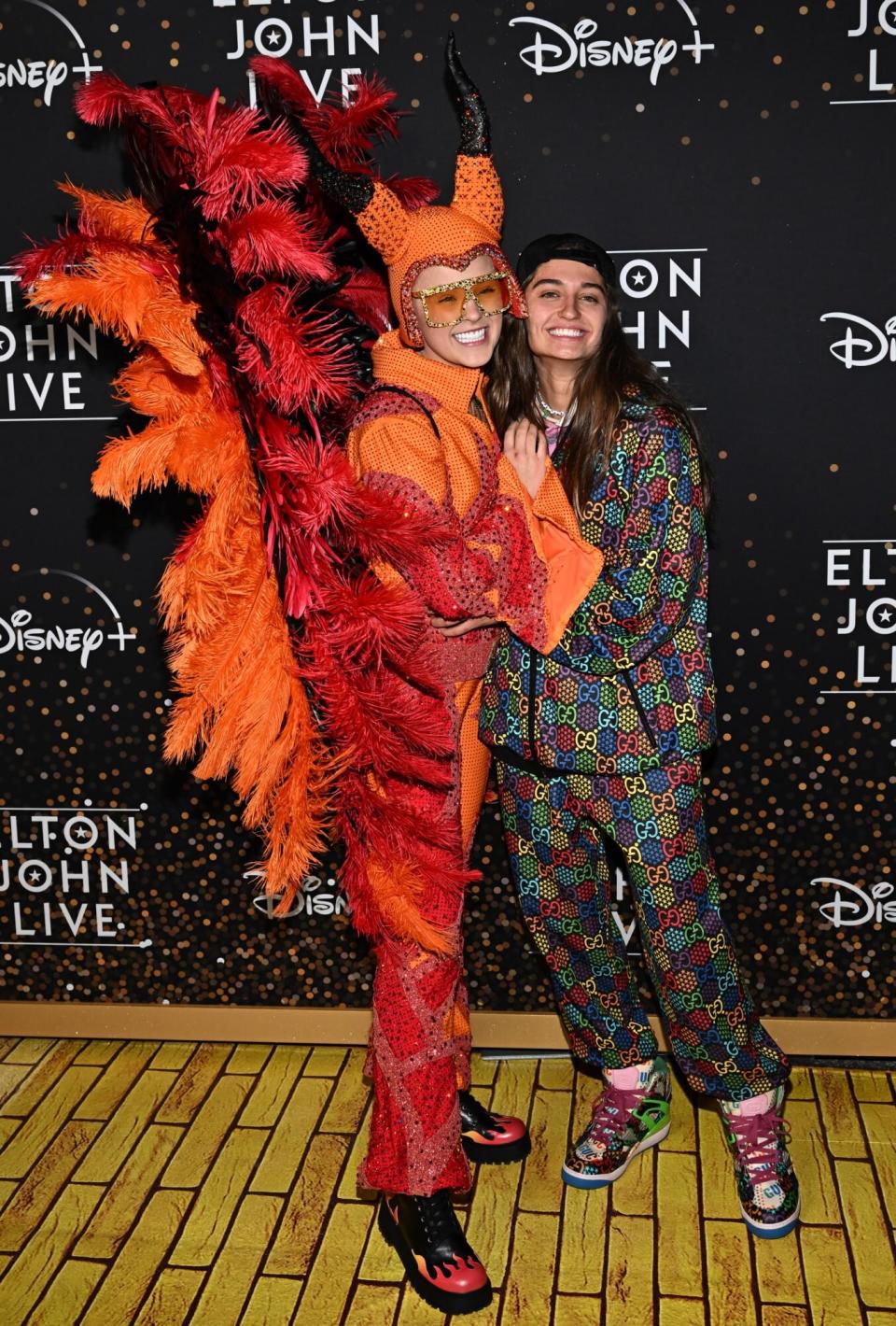 Jojo Siwa and Avery Cyrus at Disney's Elton John Live: Farewell from Dodger Stadium Yellow Brick Road event held at Dodger Stadium on November 20, 2022 in Los Angeles, California. (Photo by Michael Buckner/Variety via Getty Images)