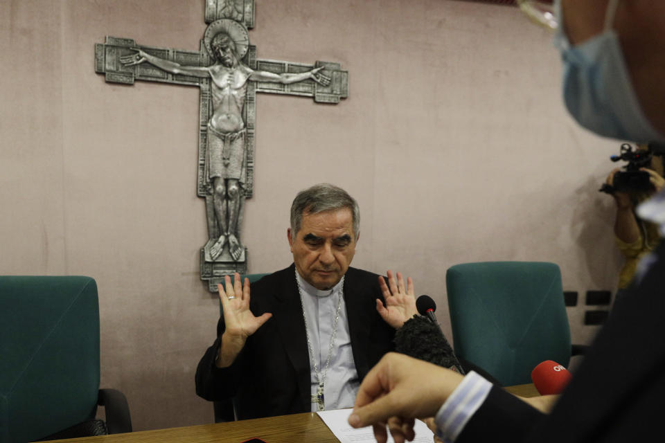 FILE — Cardinal Angelo Becciu talks to journalists during press conference in Rome, in this Friday, Sept. 25, 2020 file photo. Pope Francis authorized spending up to 1 million euro to free a Colombian nun kidnapped by al-Qaida-linked militants in Mali, Becciu testified at the Vatican's big financial fraud trial Thursday, May 5, 2022, revealing previously top secret negotiations that Francis authorized to hire a British security and intelligence firm to find the nun and pay for her liberation. (AP Photo/Gregorio Borgia)