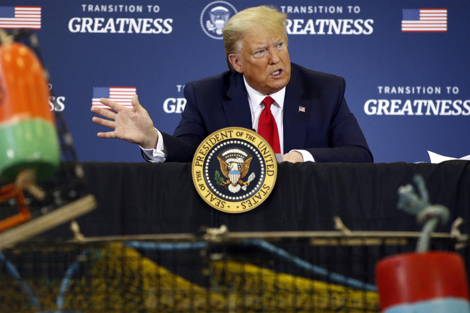 President Donald Trump speaks during a roundtable discussion with commercial fishermen at Bangor International Airport in Bangor, Maine, Friday, June 5, 2020. (AP Photo/Patrick Semansky)