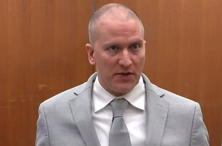 Former Minneapolis police officer Derek Chauvin addresses his sentencing hearing and the judge as he awaits his sentence after being convicted of murder in the death of George Floyd in Minneapolis, Minnesota, U.S. June 25, 2021 in a still image from video. Pool via REUTERS