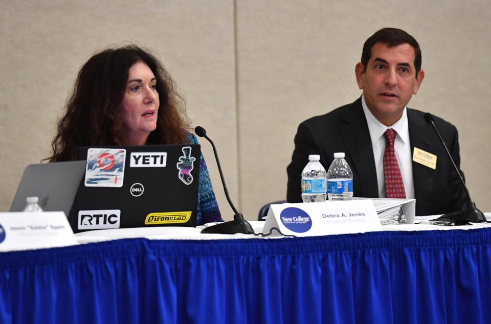 New College of Florida Trustees Debra Jenks and Ron Christaldi at the New College of Florida board of trustees meeting Tuesday, Jan. 31, 2023 in Sarasota. Jenks became the new board chair.