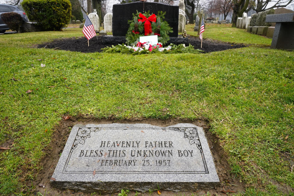 The gravesite of a small boy whose battered body body was found abandoned in a cardboard box decades ago is seen in Philadelphia, Wednesday, Dec. 7, 2022. Nearly 66 years after the boy was found, Philadelphia police revealed the identity of the victim in the city's most notorious cold case. Police say detective work and DNA analysis helped them learn the name of a youngster, Joseph Augustus Zarelli, who'd been known to generations of Philadelphians as the "Boy in the Box." His naked, badly bruised body was found in a wooded area Feb. 25, 1957. (AP Photo/Matt Rourke)