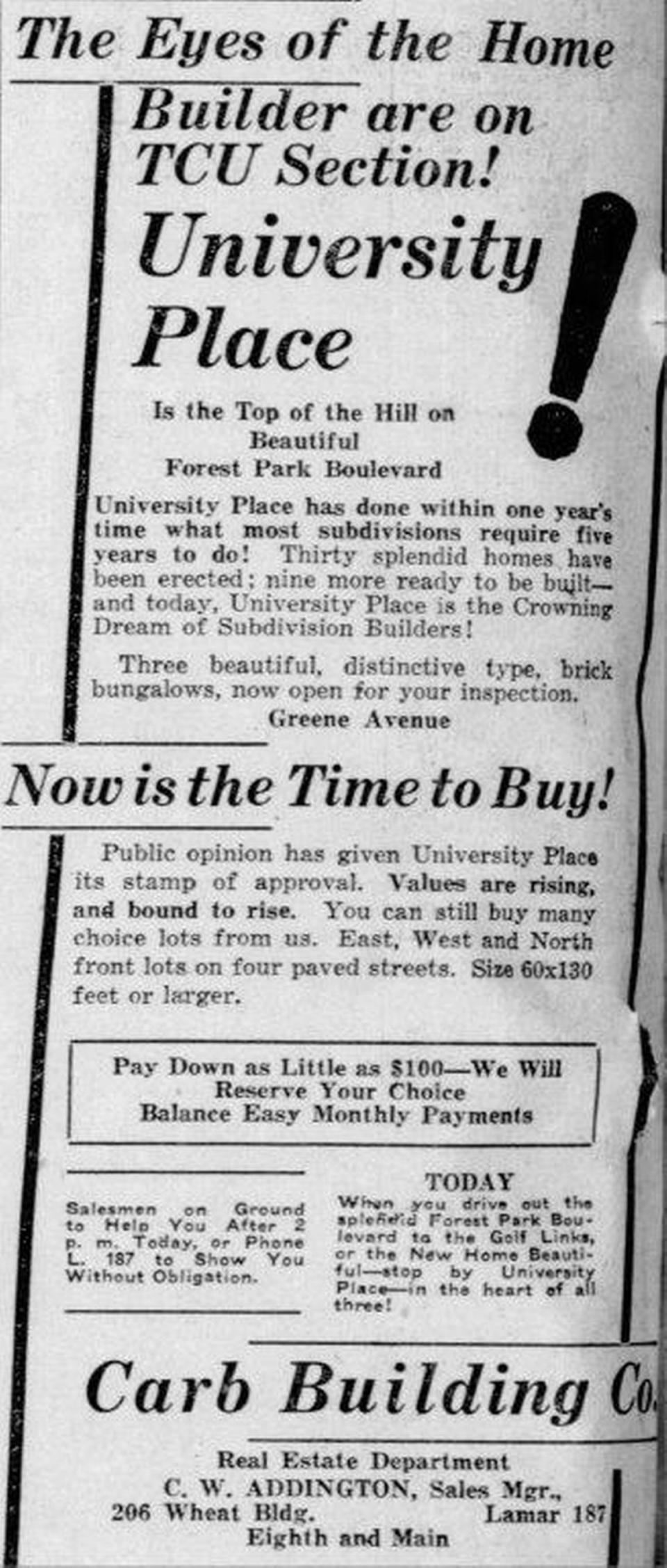 An advertisement proclaims that homes are being built in University Place near TCU by the Carb Land and Building Co., which began developing the area in 1923.
