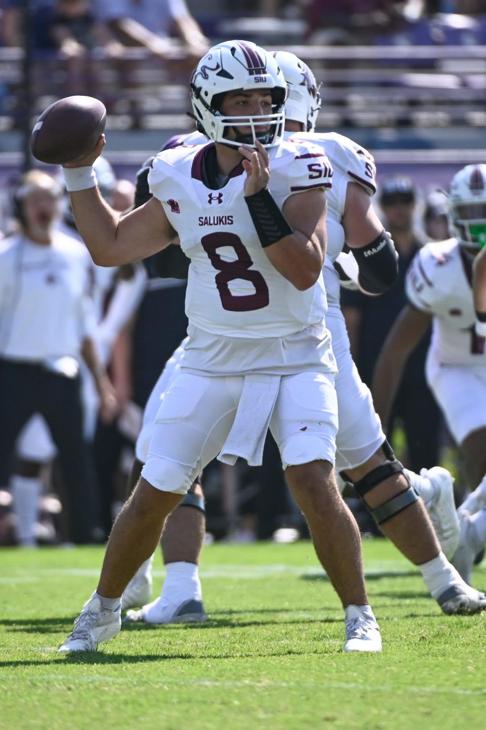 Southern Illinois quarterback Nic Baker (8) looks to pass against Northwestern, during the first half of an NCAA college football game Saturday, Sept. 17, 2022, in Evanston, Ill. (AP Photo/Matt Marton