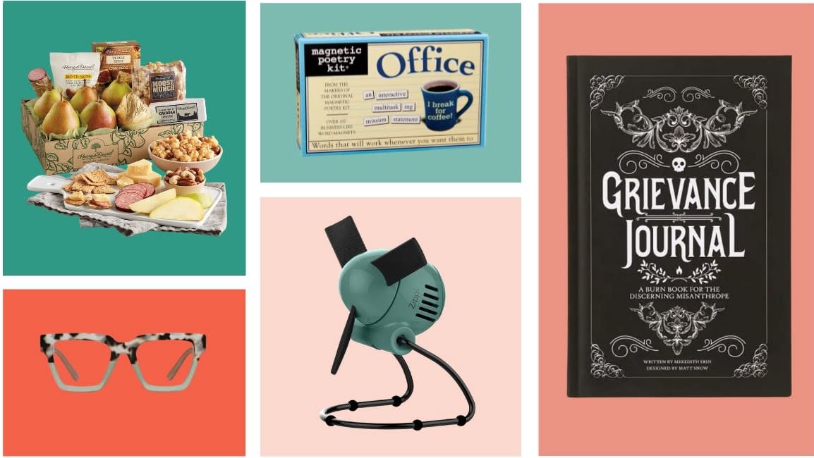 A sampling of recommended gifts for coworkers: A Harry & David gift box, Magnetic Poetry for the office, Grievance Journal, desk fan, blue-light glasses