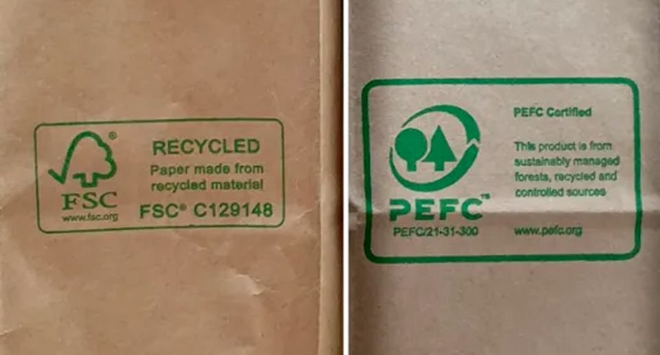The FSC and PEFC logos side by side on brown paper bags.