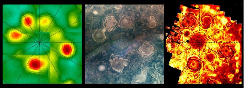 Jupiter’s northern cyclones in (left to right) microwave, visible, and ultraviolet light. - Image: <a class="link " href="https://www.jpl.nasa.gov/images/pia26295-nasas-juno-catches-3-waves-of-jupiters-polar-cyclones" rel="nofollow noopener" target="_blank" data-ylk="slk:NASA JPL;elm:context_link;itc:0;sec:content-canvas">NASA JPL</a>