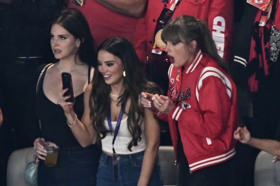 US singer-songwriter Taylor Swift (R) and US singer-songwriter Lana Del Rey attend Super Bowl LVIII between the Kansas City Chiefs and the San Francisco 49ers at Allegiant Stadium in Las Vegas, Nevada, February 11, 2024. 