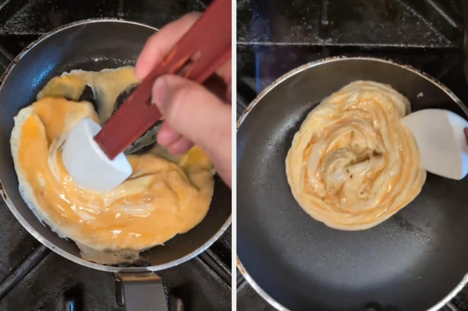 Scrambled eggs being cooked and stirred in a pan, and the finished dish in the pan ready to serve