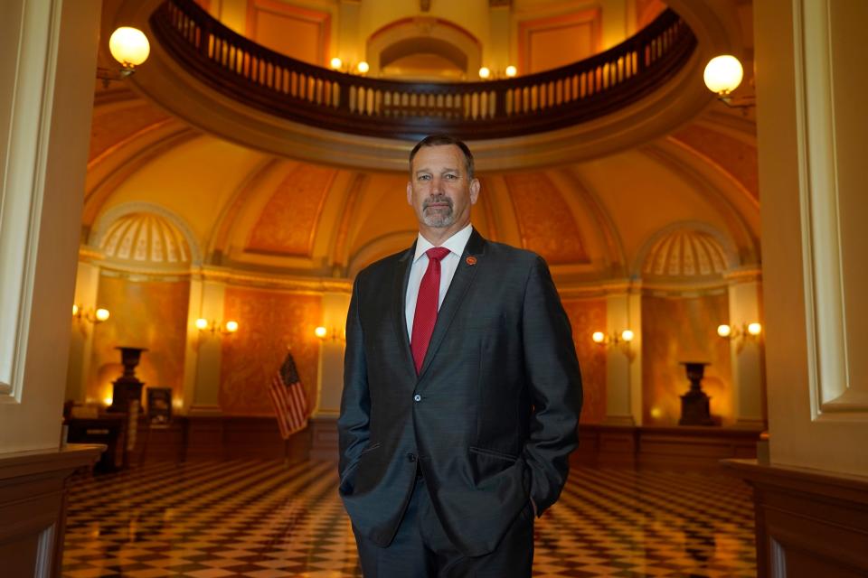 Republican gubernatorial candidate state Sen. Brian Dahle poses in the rotunda of the state Capitol in Sacramento, Calif., Thursday, June 9, 2022. Dahle finished second in California's primary on June 7, and knows it will be hard to defeat incumbent Democratic Gov. Gavin Newsom. He plans to focus on what he says are the problems people care about the most, including high gas prices and rising crime. (AP Photo/Rich Pedroncelli)