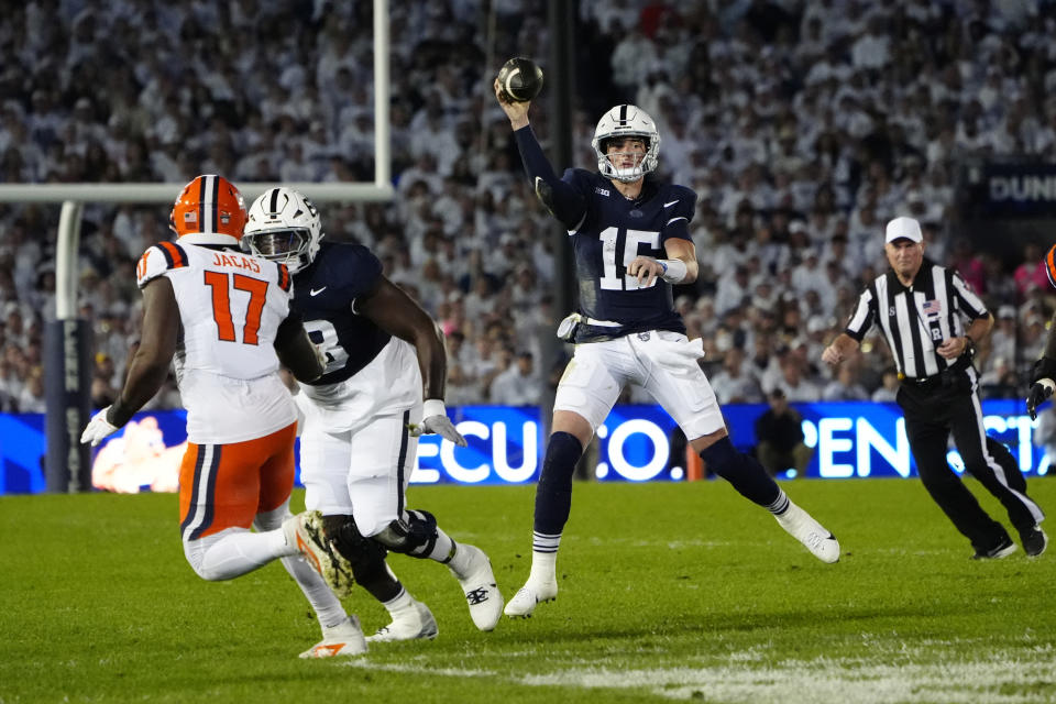 UNIVERSITY PARK, PA – SEPTEMBER 28: Penn State Nittany Lions quarterback Drew Allar (15) throws the ball during the first half of the college football game between the Illinois Fighting Illini and the Penn State Nittany Lions on September 28, 2024 at Beaver Stadium in University Park, PA. (Photo by Gregory Fisher/Icon Sportswire via Getty Images)