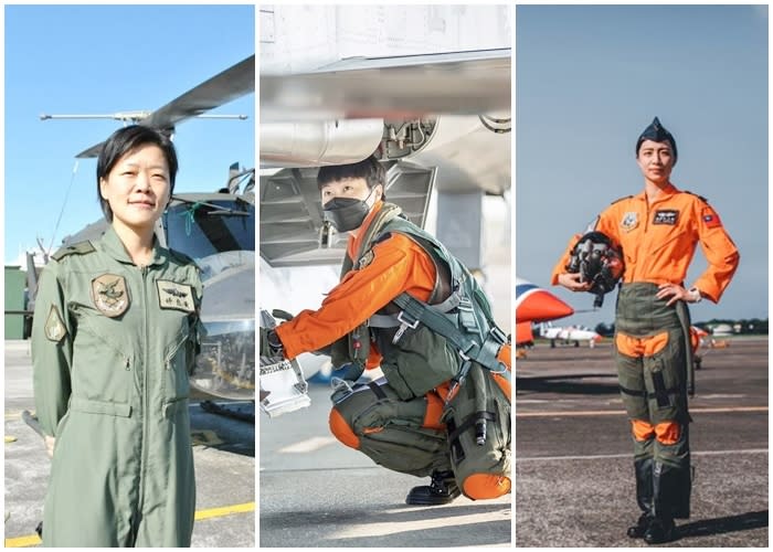 國慶空中全兵力預演，戰機分列式3名女飛官參與飛行任務，包括陸軍黑鷹「天觀機」直升機黃慈婷中校（圖左）。空軍F-5E戰機鍾瀞儀少校（圖中）、空軍雷虎小組預備機飛官謝蕓梃少校（圖右）。