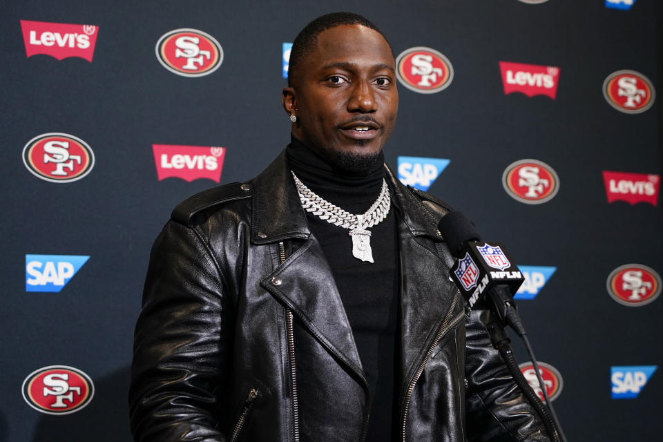 San Francisco 49ers wide receiver Deebo Samuel speaks to reporters following an NFL football game against the Philadelphia Eagles, Sunday, Dec. 3, 2023, in Philadelphia. The 49ers won 42-19. (AP Photo/Chris Szagola)