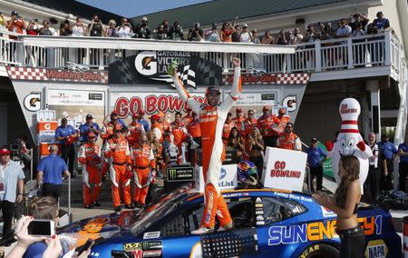 Aug 5, 2018; Watkins Glen, NY, USA; Monster Energy NASCAR Cup Series driver Chase Elliott (9) celebrates a win during the Go Bowling at The Glen at Watkins Glen International. Mandatory Credit: Timothy T. Ludwig-USA TODAY Sports