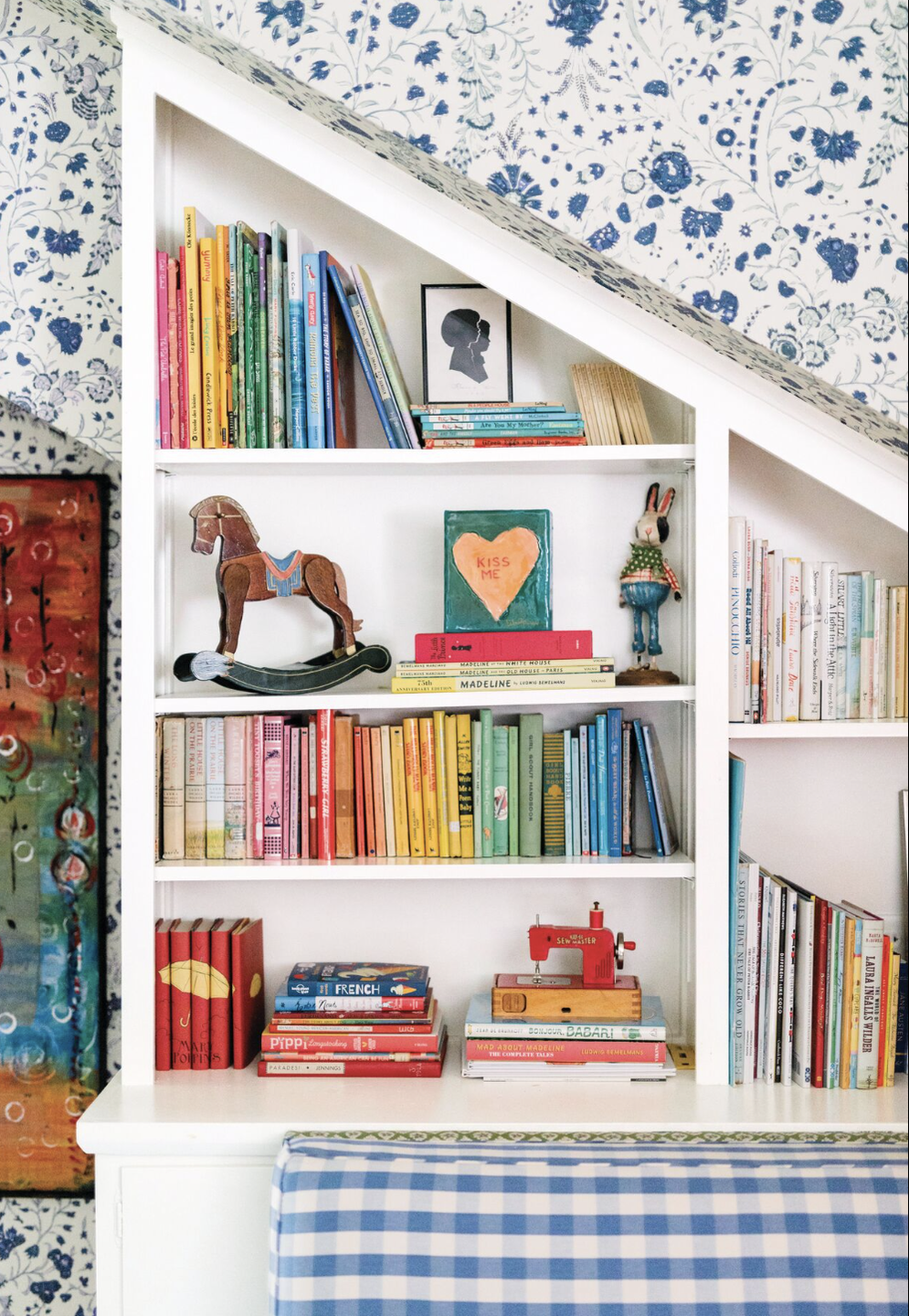 colorful bookshelves stocked with vintage vintage books