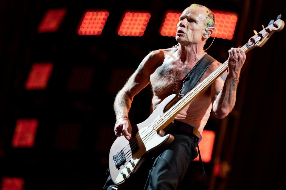 Flea of the Red Hot Chili Peppers performs at Nissan Stadium in Nashville, Tenn., Friday, Aug. 12, 2022.