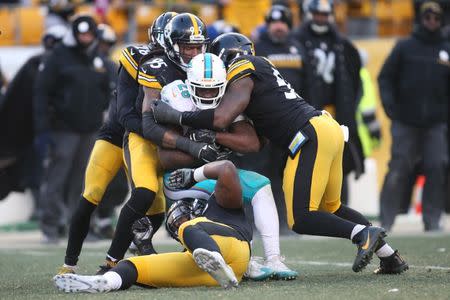 Jan 8, 2017; Pittsburgh, PA, USA; Miami Dolphins running back Damien Williams (26) carries the ball against the Pittsburgh Steelers during the second half in the AFC Wild Card playoff football game at Heinz Field. The Steelers won 30-12. Mandatory Credit: Charles LeClaire-USA TODAY Sports