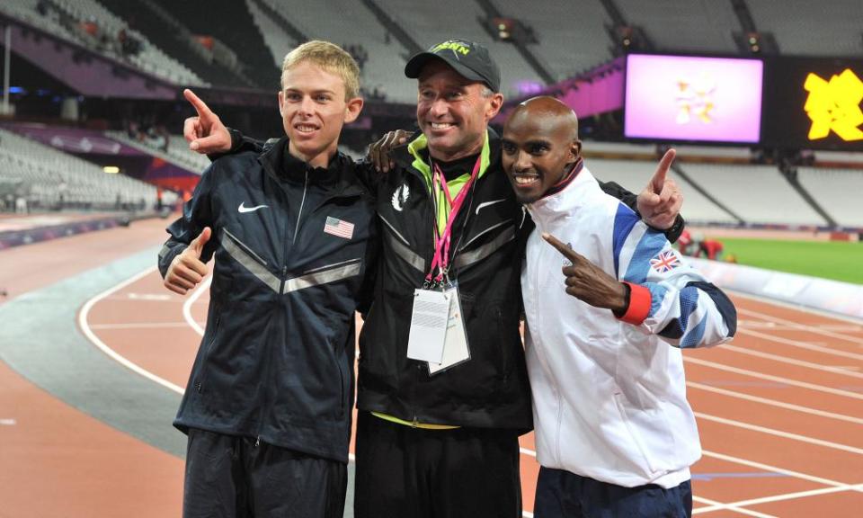 Alberto Salazar (centre), seen here with Galen Rupp and Mo Farah at the 2012 Olympics, has been banned for four years.