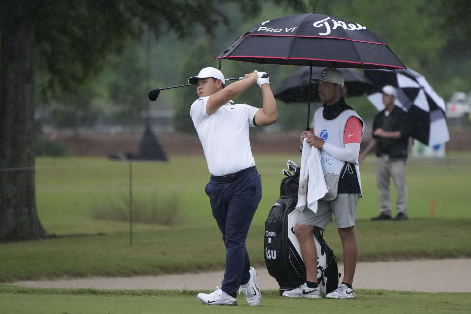 Tom Kim, of South Korea, hits of the seventh fairway during the second round of the PGA Zurich Classic golf tournament at TPC Louisiana in Avondale, La., Friday, April 21, 2023. (AP Photo/Gerald Herbert)