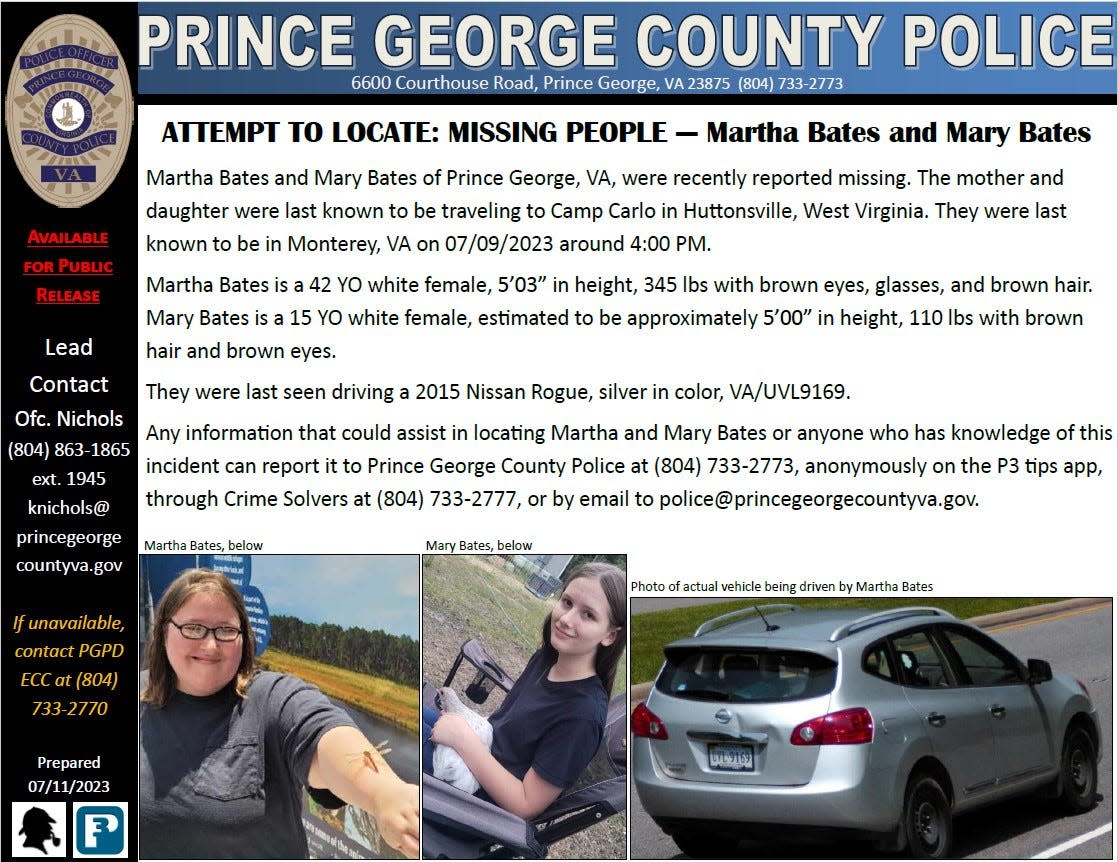 This Facebook post by Prince George Police asks for the whereabouts of Martha and Mary Bates, a mother and daughter from the county who went missing while on a road trip to West Virginia over the weekend.