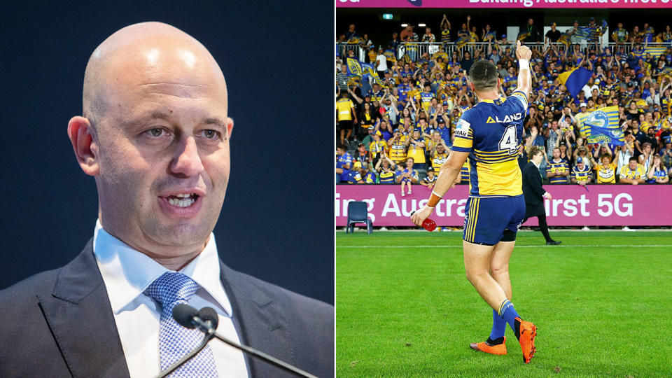 Pictured here, NRL CEO Todd Greenberg and fans at a Parramatta Eels match.