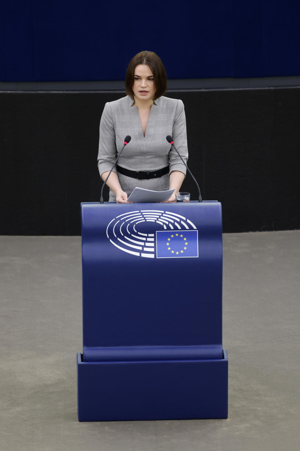 Belarusian opposition leader Sviatlana Tsikhanouskaya addresses the European Parliament in Strasbourg, eastern France, Wednesday, Nov.24, 2021. (AP Photo/Jean-Francois Badias)