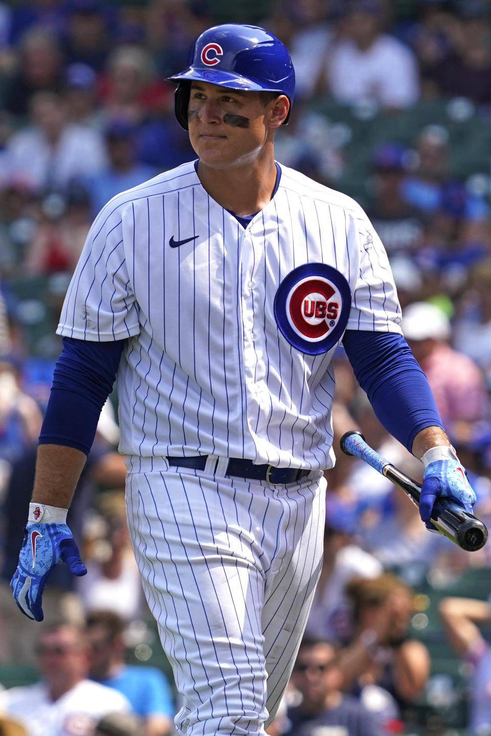 Chicago Cubs' Anthony Rizzo looks to the field after striking out swinging during the sixth inning of a baseball game against the Arizona Diamondbacks in Chicago, Saturday, July 24, 2021. (AP Photo/Nam Y. Huh)