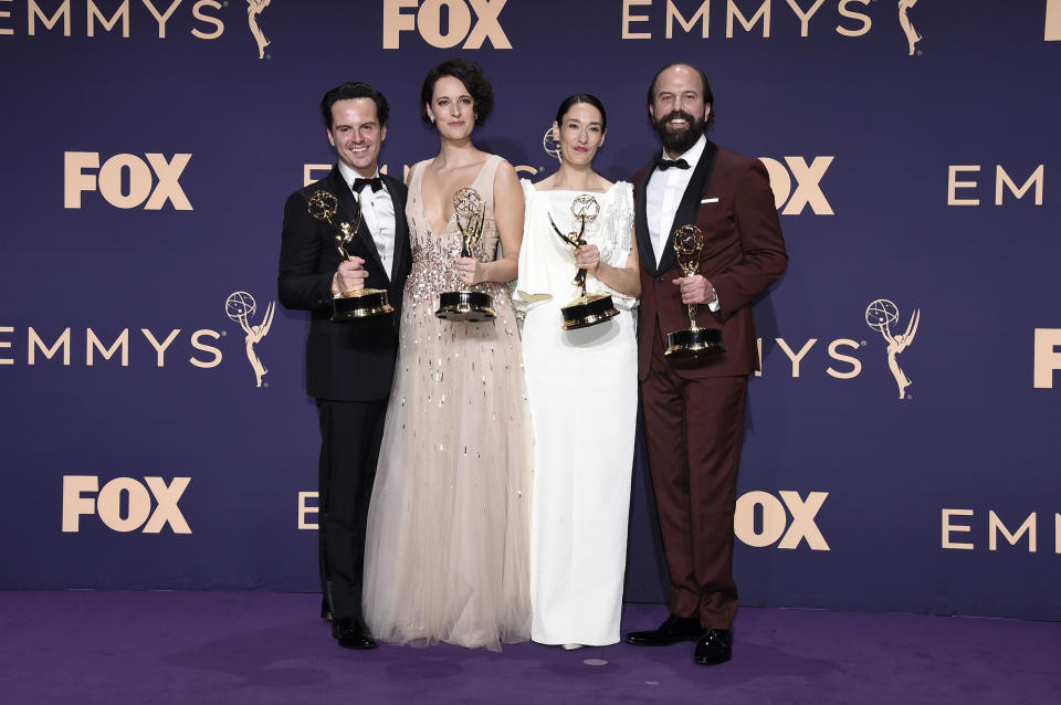 Andrew Scott, from left, Phoebe Waller-Bridge, Sian Clifford, and Brett Gelman, winners of the award for outstanding comedy series for "Fleabag," pose in the press room at the 71st Primetime Emmy Awards on Sunday, Sept. 22, 2019, at the Microsoft Theater in Los Angeles. (Photo by Jordan Strauss/Invision/AP)