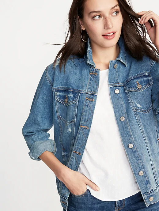 Old Navy Distressed Boyfriend Denim Jacket for Women, $38 (was $45), <a href="https://fave.co/2S1lpYM" rel="noopener" target="_blank" data-ylk="slk:oldnavy.com;elm:context_link;itc:0;sec:content-canvas" class="link ">oldnavy.com</a>