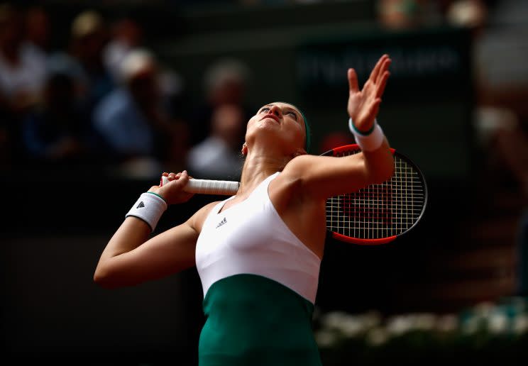 Kristina Mladenovic serves a ball to Shelby Rogers in the third round of the French Open (Getty Images)