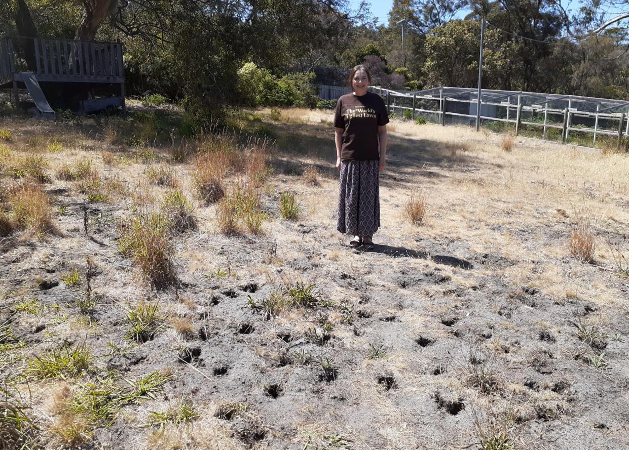 Kathleen Murray smiles on her lawn, which won her a contest because it's so dry and ugly.