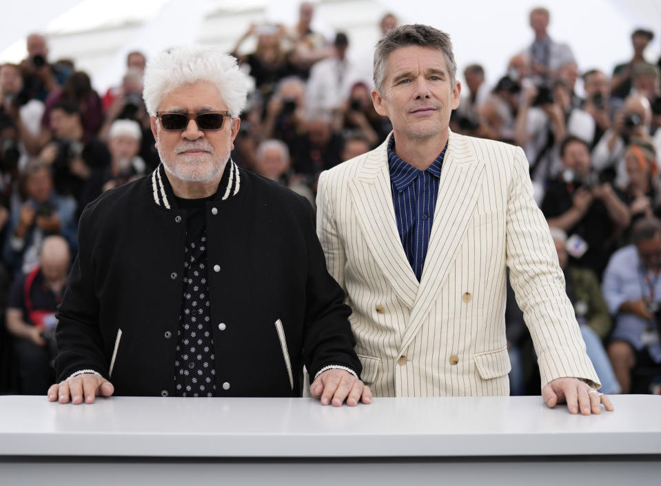 Director Pedro Almodovar, left, and Ethan Hawke pose for photographers at the photo call for the film 'Strange Way of Life' at the 76th international film festival, Cannes, southern France, Wednesday, May 17, 2023. (Photo by Scott Garfitt/Invision/AP)