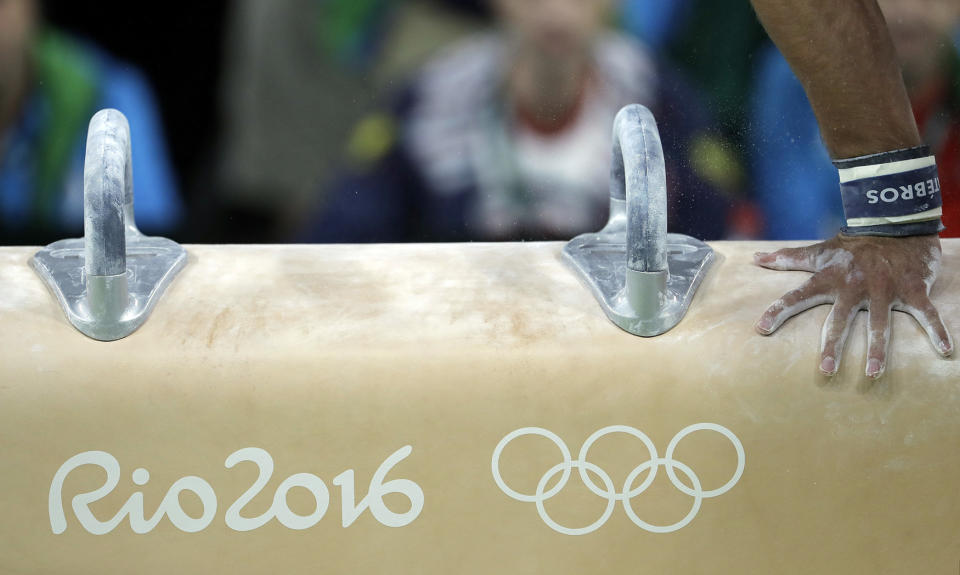 Mikulak trains on the pommel horse