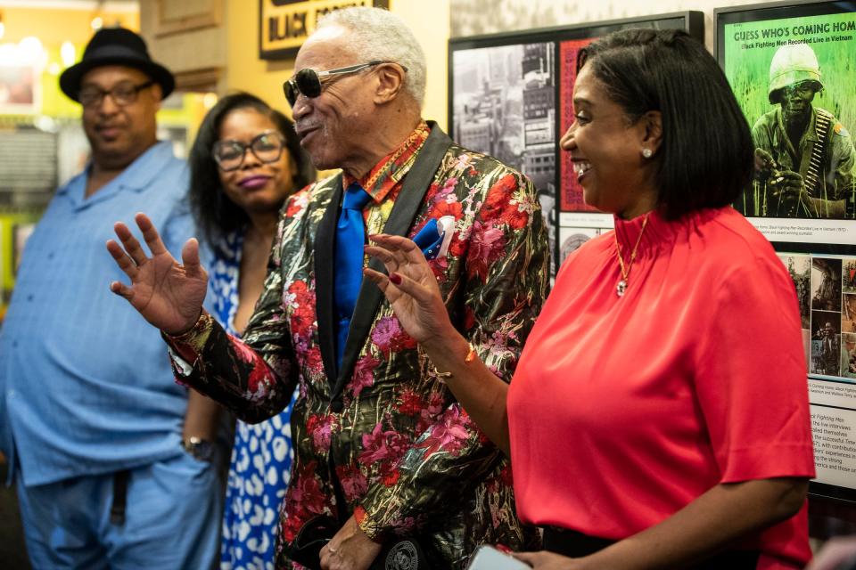 Former Spinners singer G.C. Cameron speaks alongside Motown Museum chairwoman and CEO Robin Terry during a tour of the Motown Museum in Detroit on Friday, May 19, 2023.