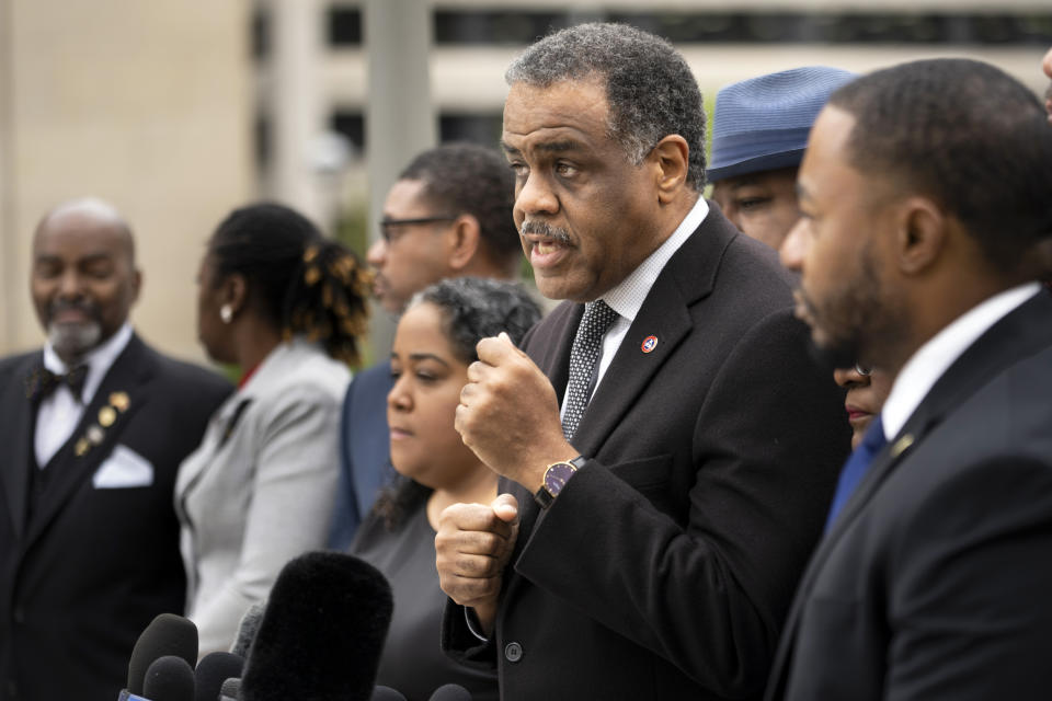 State Rep. Sam McKenzie, D-Knoxville, of the Tennessee Black Caucus of State Legislators responds to questions during a press conference outside the state Capitol, Friday, April 7, 2023, in Nashville, Tenn. the day after two of its members were expelled from the state's House of Representatives. (AP Photo/George Walker IV)
