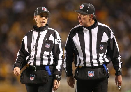 Nov 16, 2017; Pittsburgh, PA, USA; NFL line judge Sarah Thomas (53) talks with field judge Scott Edwards (3) during the game between the Tennessee Titans and the Pittsburgh Steelers at Heinz Field. The Steelers won 40-17. Mandatory Credit: Charles LeClaire-USA TODAY Sports