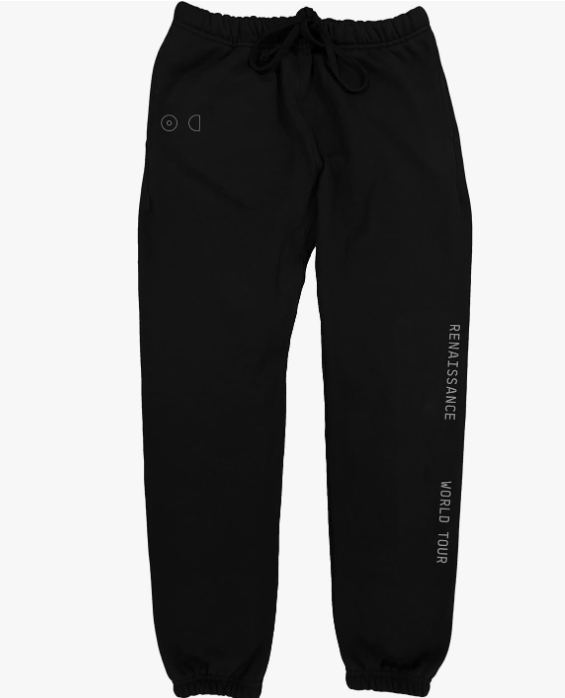 black sweatpants with red text