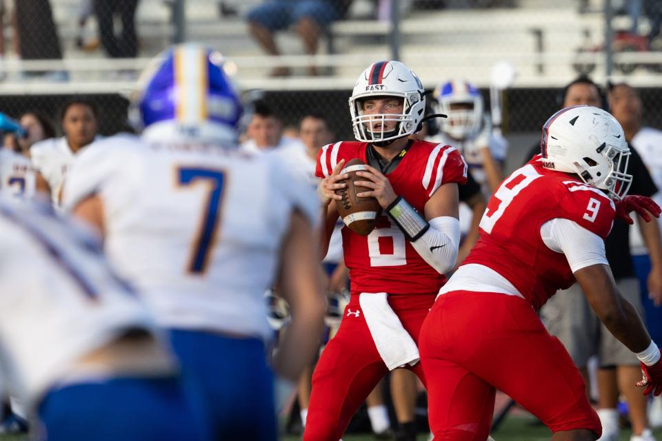 East’s Tucker McCormick plays in the high school football season opener against Orem at East High School in Salt Lake City on Friday, Aug. 11, 2023. | Megan Nielsen, Deseret News