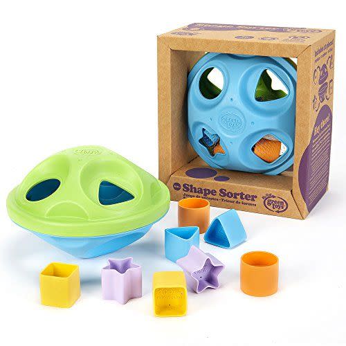 <p><strong>Green Toys</strong></p><p>amazon.com</p><p><strong>$14.15</strong></p><p><strong>Made from 100% recycled plastic milk jugs</strong>, this lightweight shape shorter is great to help encourage little ones develop fine motor skills, color matching and shape recognition. The set includes eight shapes, including two stars, two circles, two squares and two triangles. <em>Ages 6 months+</em></p>