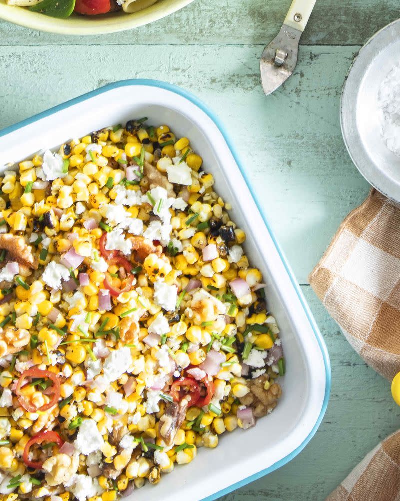 Grilled Corn Salad with Feta, Walnuts, and Shallot