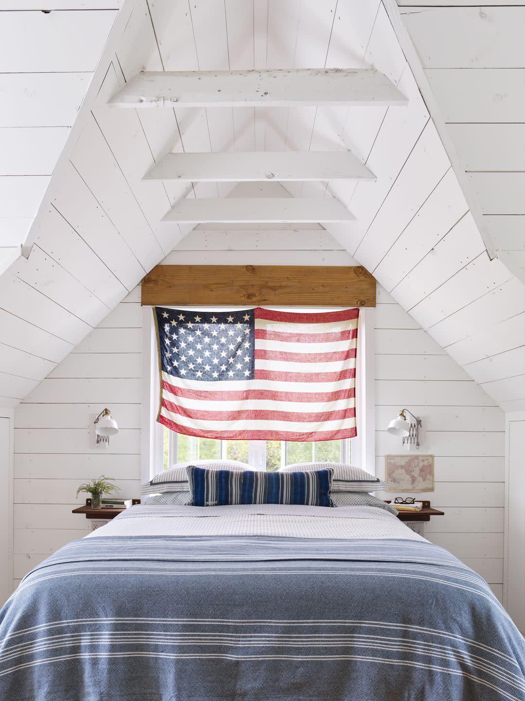white farmhouse bedroom with american flag