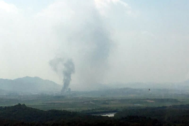 A smoke rises from Kaesong Industrial Complex in this picture taken from the south side in Paju