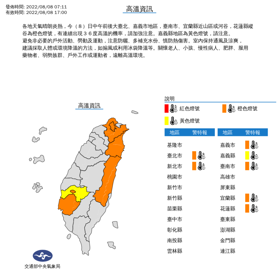 氣象局發布七縣市高溫資訊。